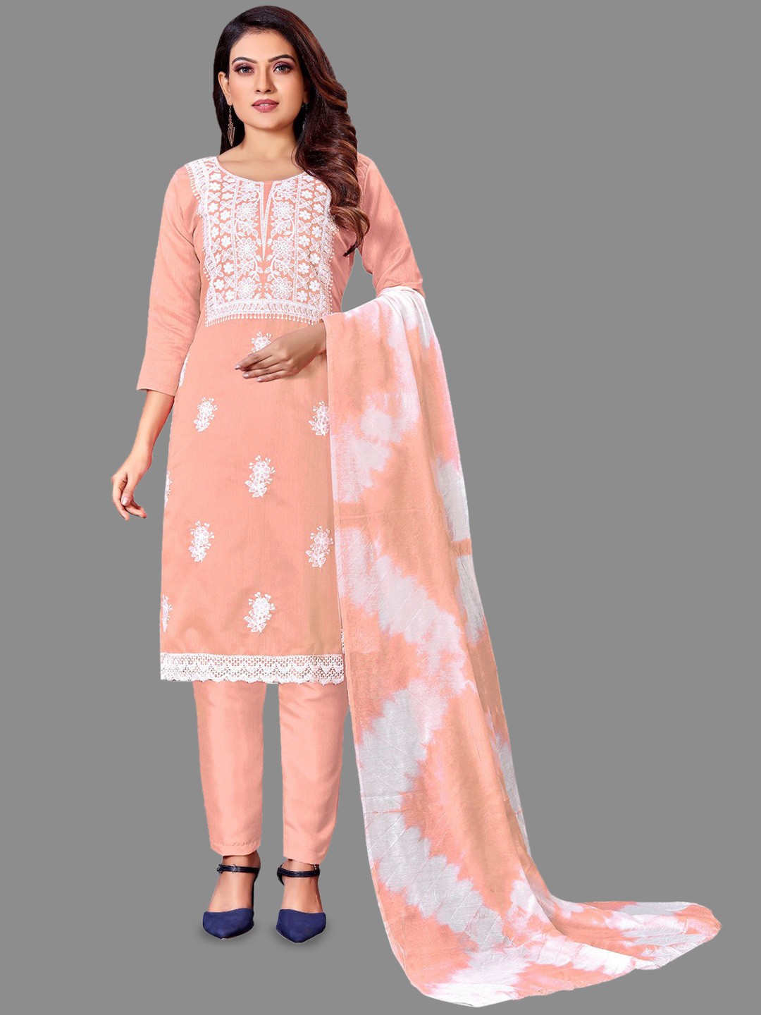 

LADY SHOPI Floral Embroidered Thread Work Unstitched Dress Material, Peach