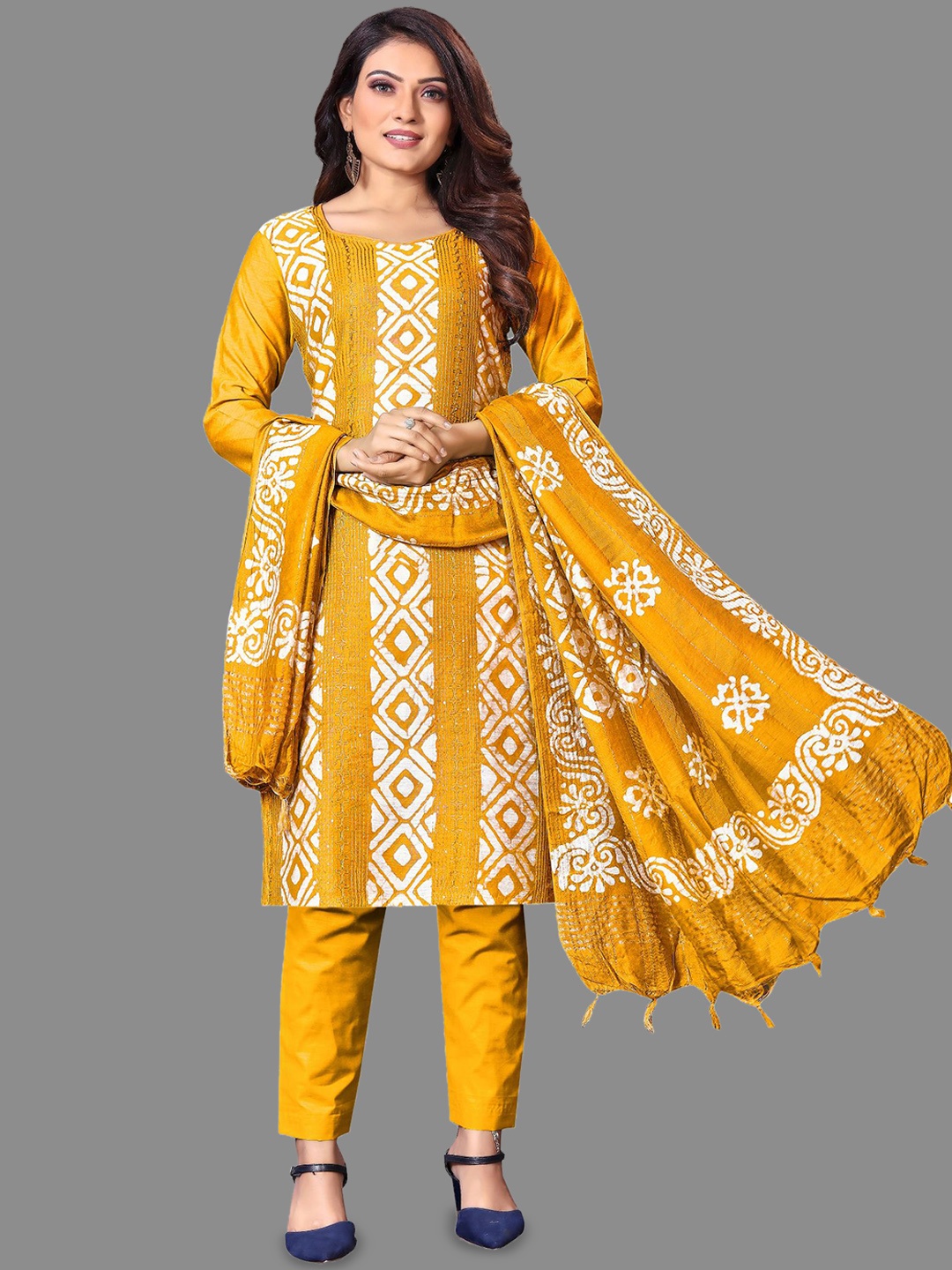 LADY SHOPI Geometric Printed Unstitched Dress Material, Yellow