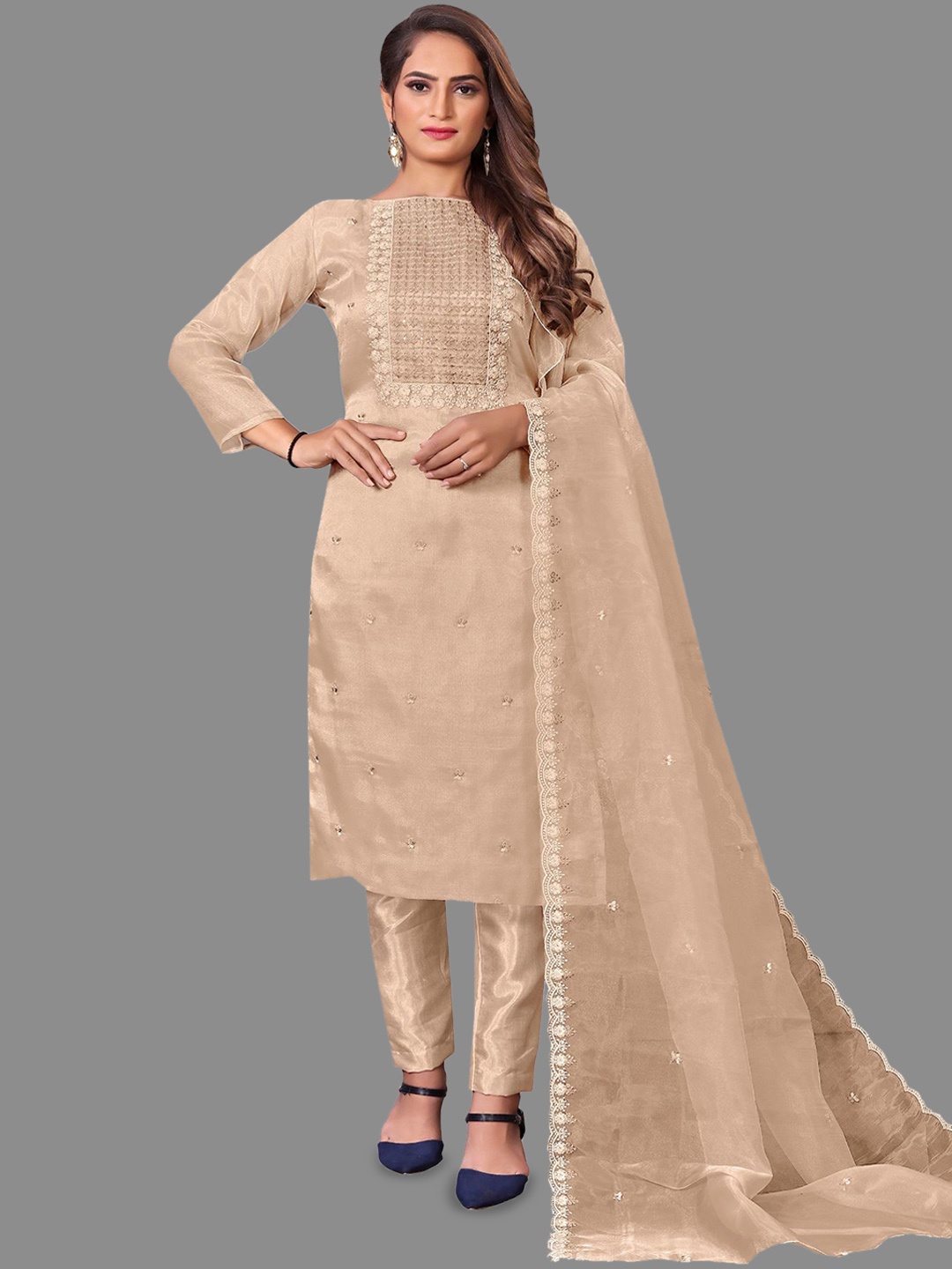 

LADY SHOPI Floral Embroidered Thread Work Unstitched Dress Material, Beige