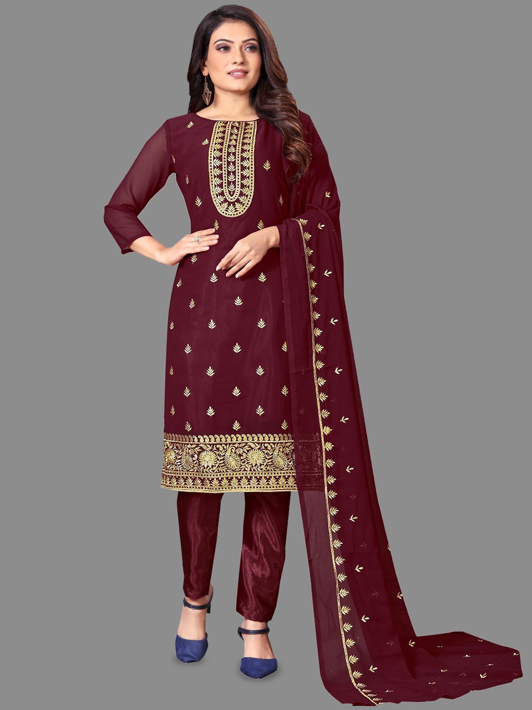 

LADY SHOPI Floral Embroidered Thread Work Unstitched Dress Material, Maroon