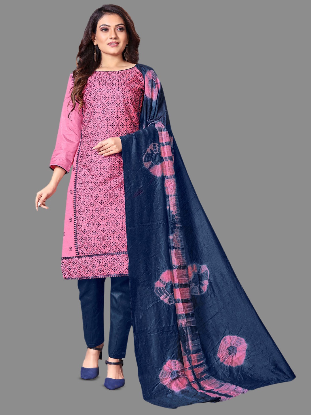 LADY SHOPI Floral Embroidered Thread Work Unstitched Dress Material, Pink