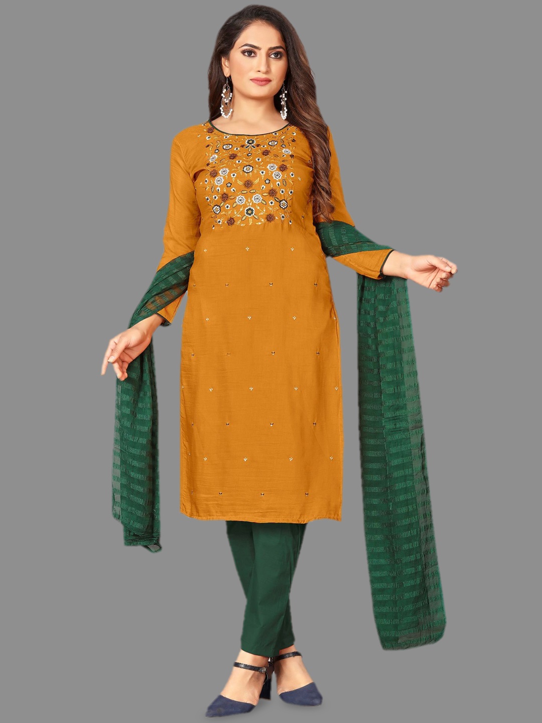 

LADY SHOPI Floral Embroidered Thread Work Unstitched Dress Material, Mustard