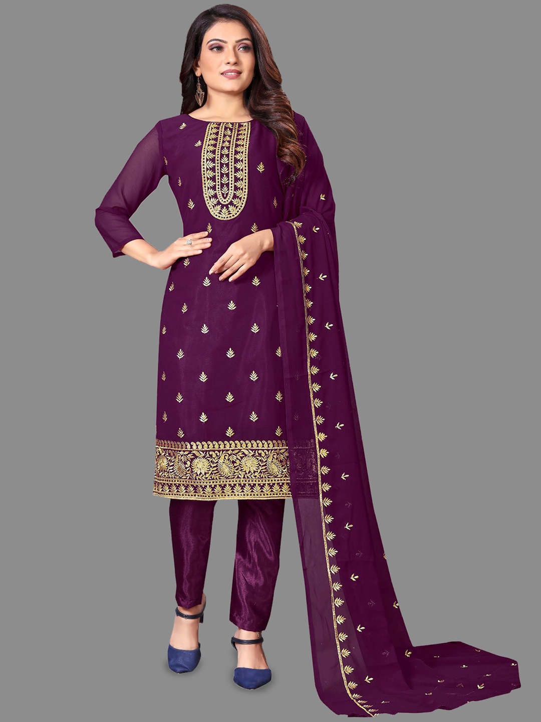 

LADY SHOPI Floral Embroidered Zari Work Unstitched Dress Material, Violet