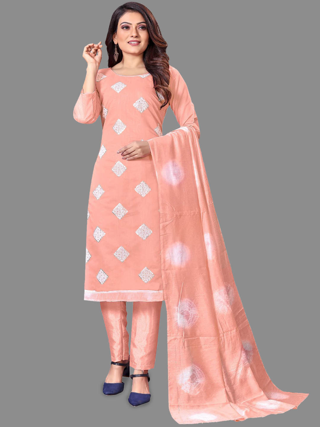 

LADY SHOPI Floral Embroidered Sequinned Unstitched Dress Material, Peach