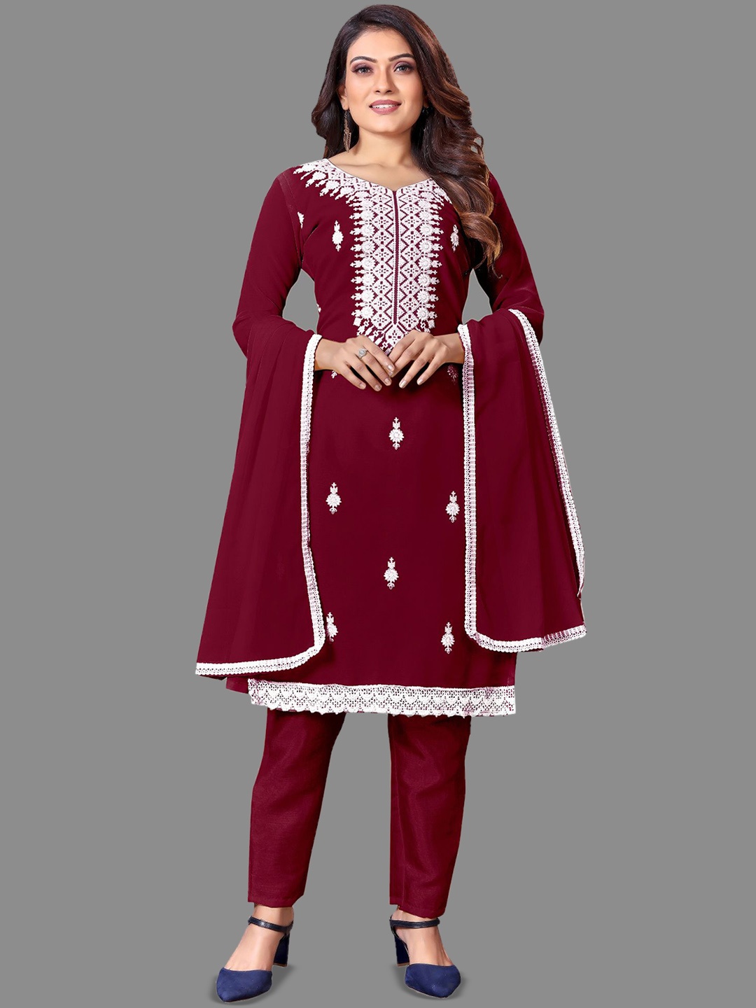 LADY SHOPI Floral Embroidered Thread Work Unstitched Dress Material, Maroon