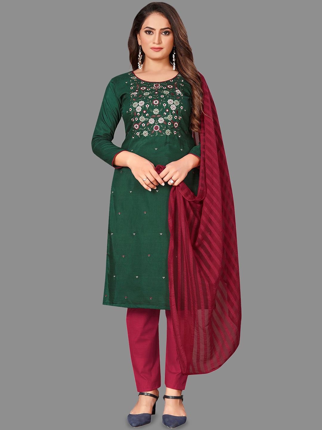 

LADY SHOPI Floral Embroidered Thread Work Unstitched Dress Material, Green