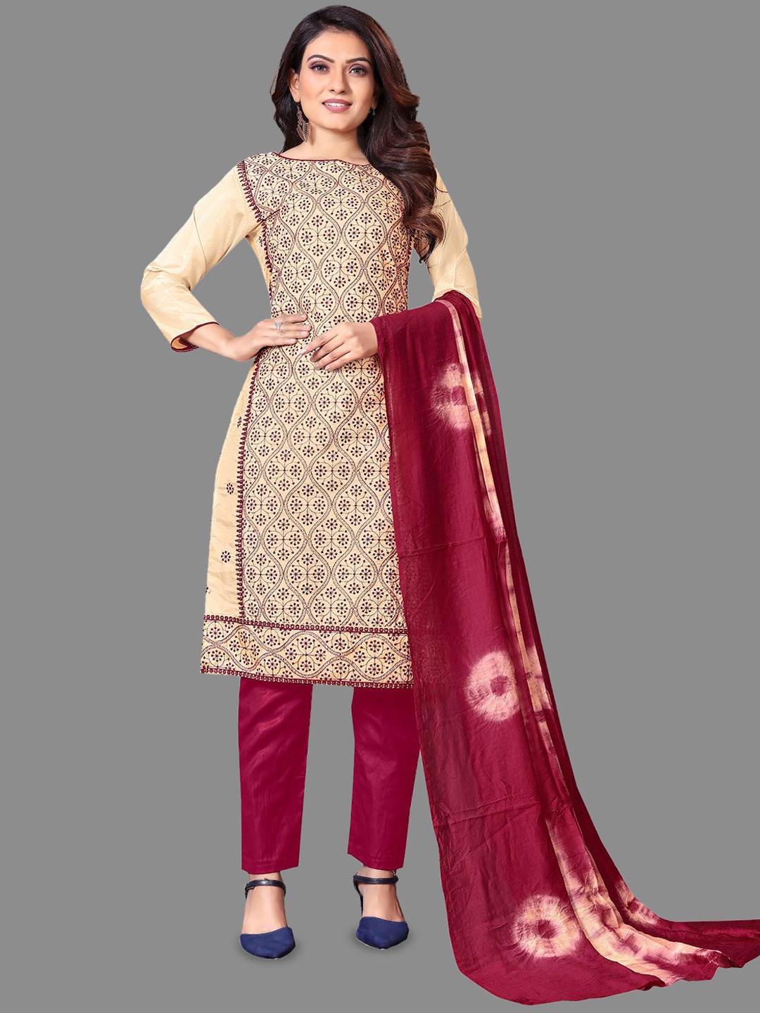 

LADY SHOPI Floral Embroidered Thread Work Unstitched Dress Material, Peach