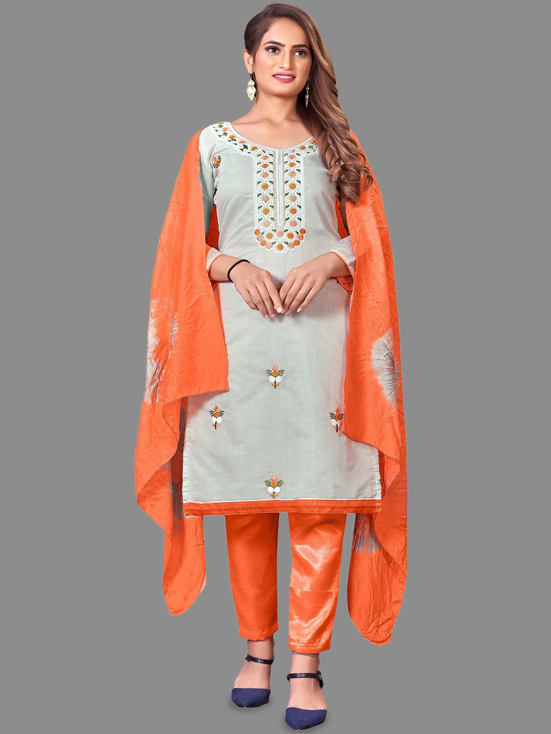 LADY SHOPI Floral Embroidered Mirror Work Unstitched Dress Material, Grey