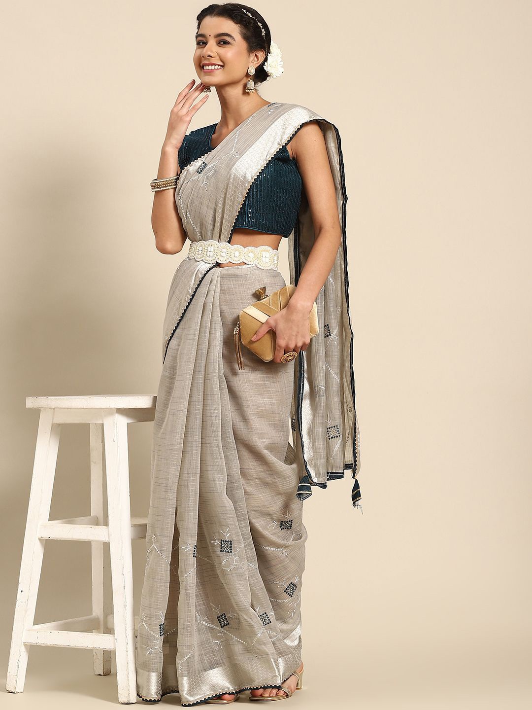 

all about you Floral Embroidered Mirror Work Saree, Grey