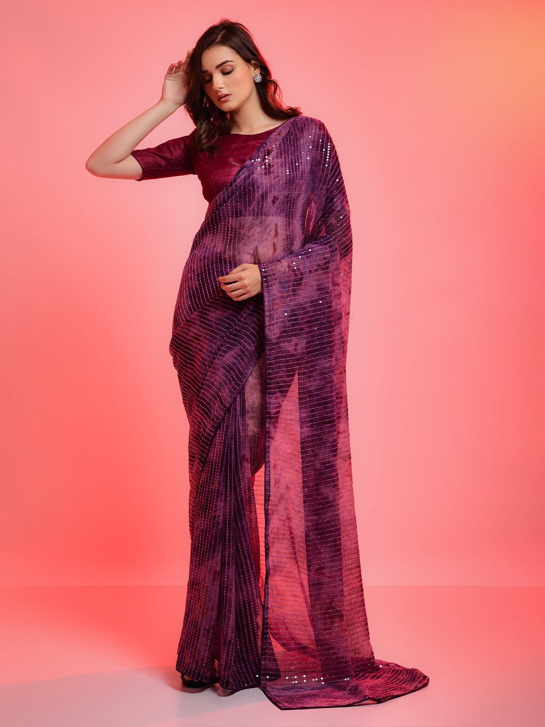 

all about you Striped Sequinned Party Saree, Purple