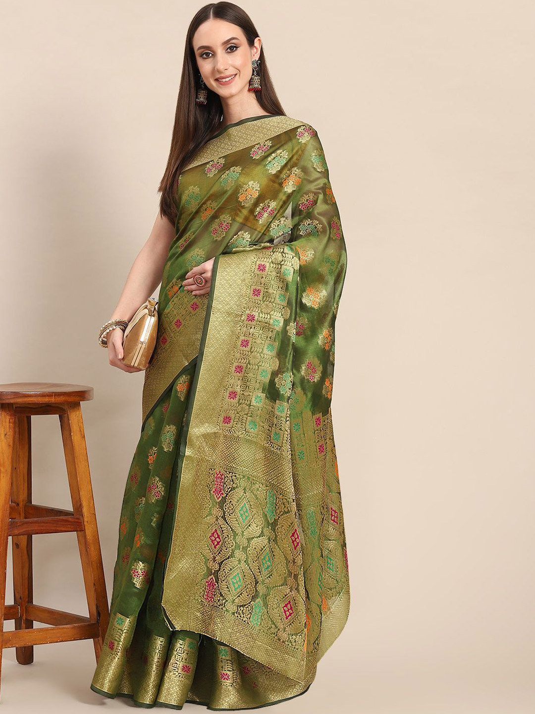 

all about you Ethnic Motif Zari Woven Saree, Green