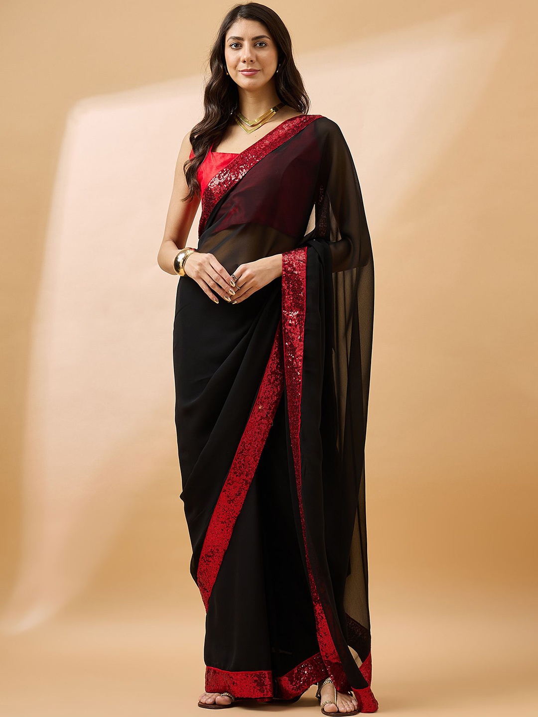 

all about you Sequinned Pure Georgette Saree, Black