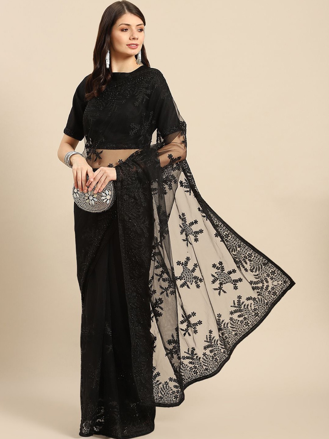 

all about you Ethnic Motifs Embroidered Net Saree, Black