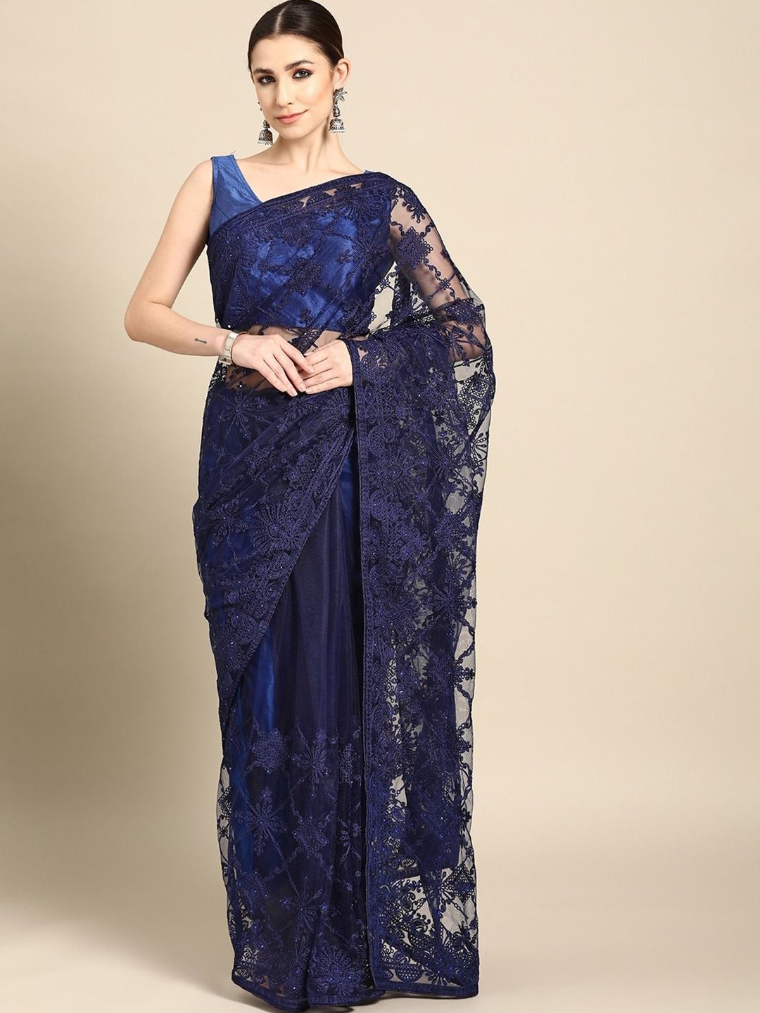 

all about you Embroidered Beads and Stones Net Saree, Navy blue