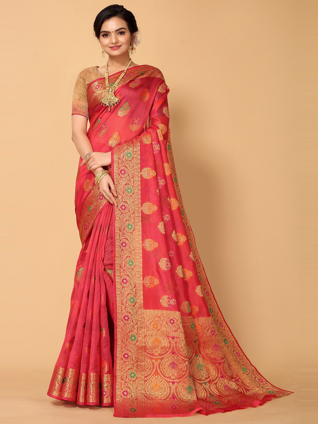 

all about you Woven Design Organza Banarasi Saree, Red