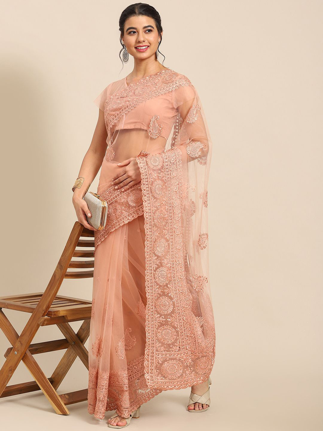 

all about you Floral Embroidered Net Saree, Peach