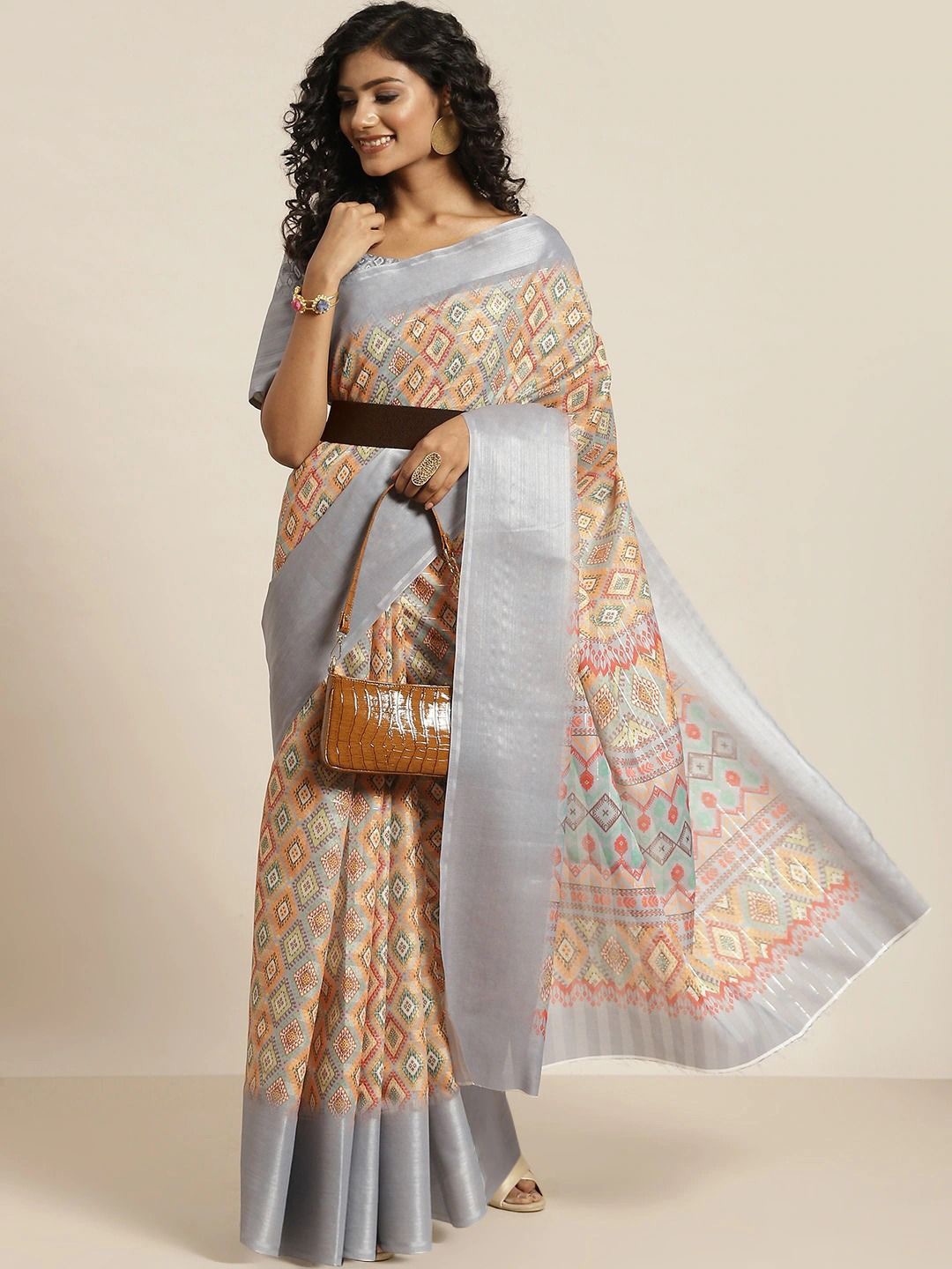 

all about you Ethnic Motifs Printed Zari Saree, Grey