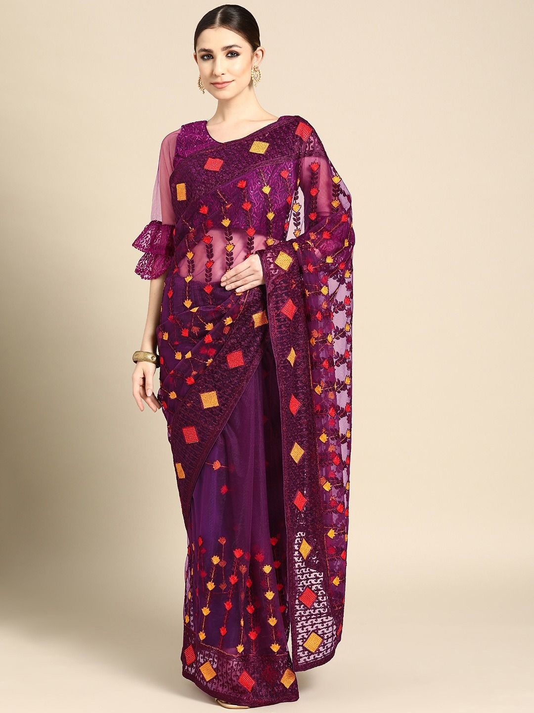 

all about you Embroidered Net Saree With Blouse Piece, Purple