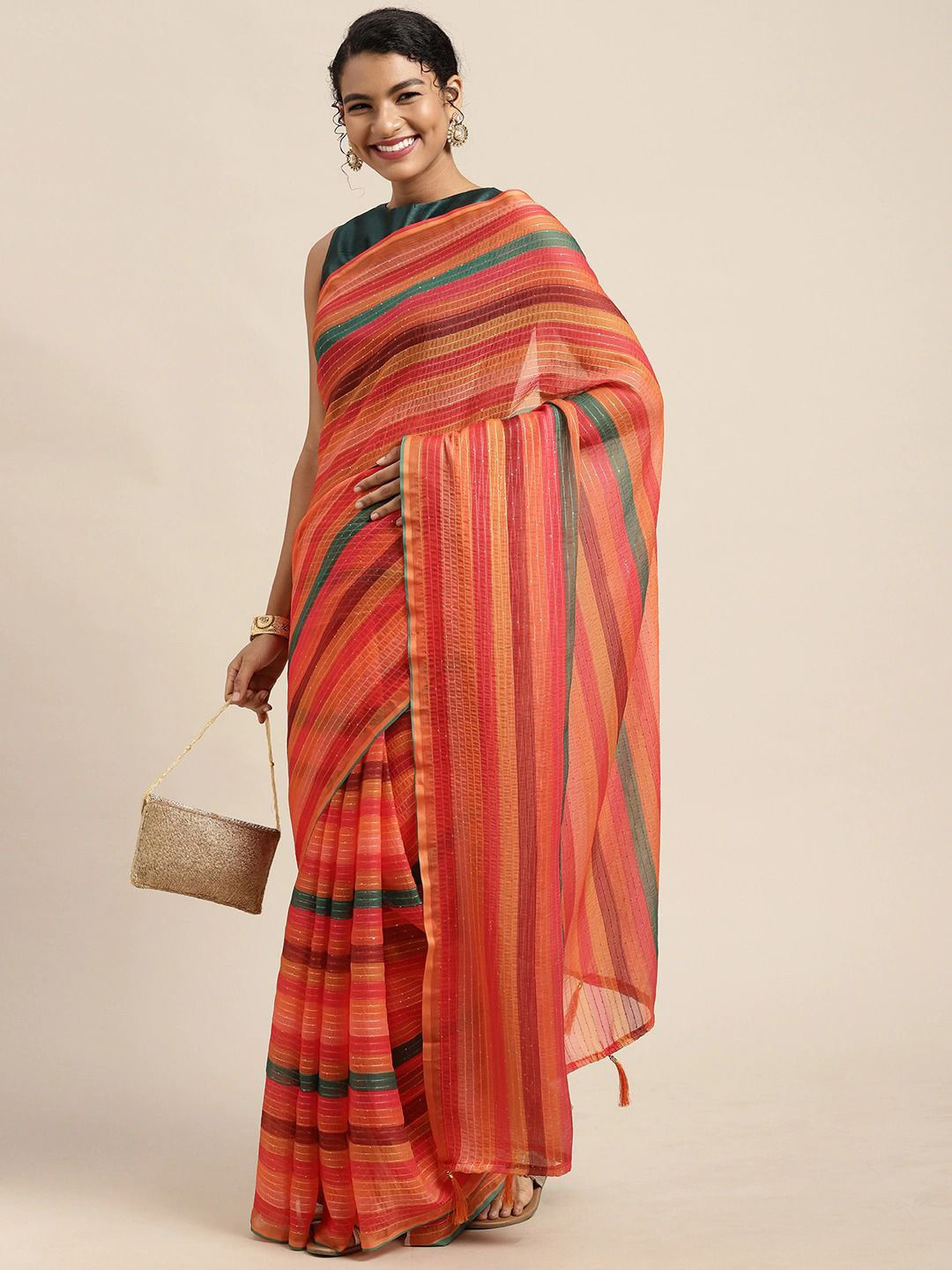

all about you Striped Sequinned Saree, Orange