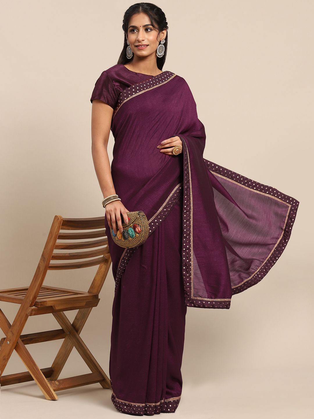 

all about you Solid Embellished Saree, Purple