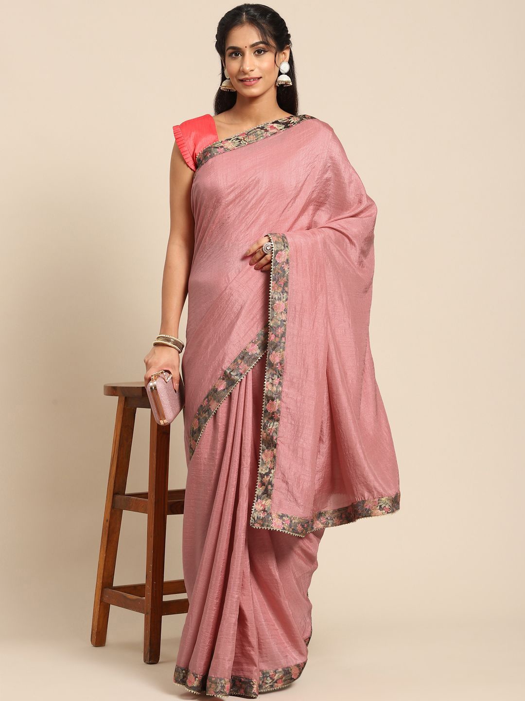 

all about you Solid Border Printed Saree, Coral