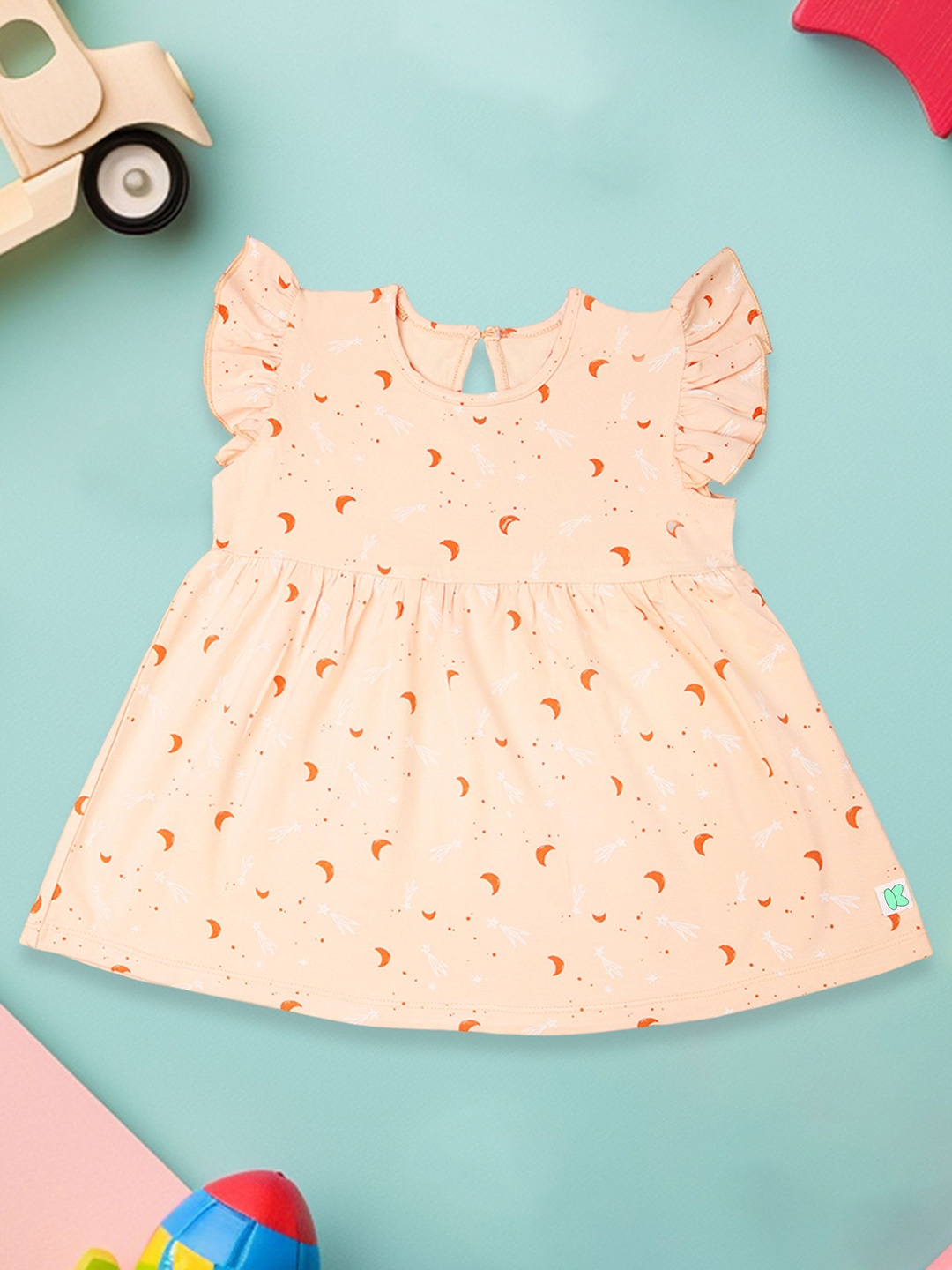 

Kidbea Printed Round Neck Flutter Sleeve Fit & Flare Dress, Orange