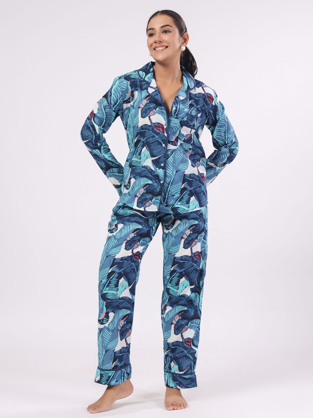 

SANSKRUTIHOMES Women Tropical Printed Pure Cotton Night suit, Teal