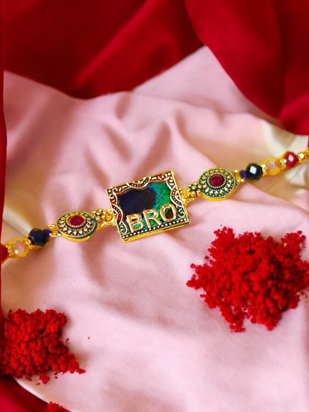 

ADIVA Gold Plated Mor Pankh & Beaded Rakhi
