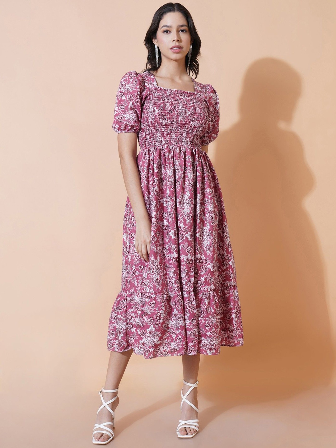 

Femvy Floral Printed Applique Fit & Flare Midi Dress, Pink