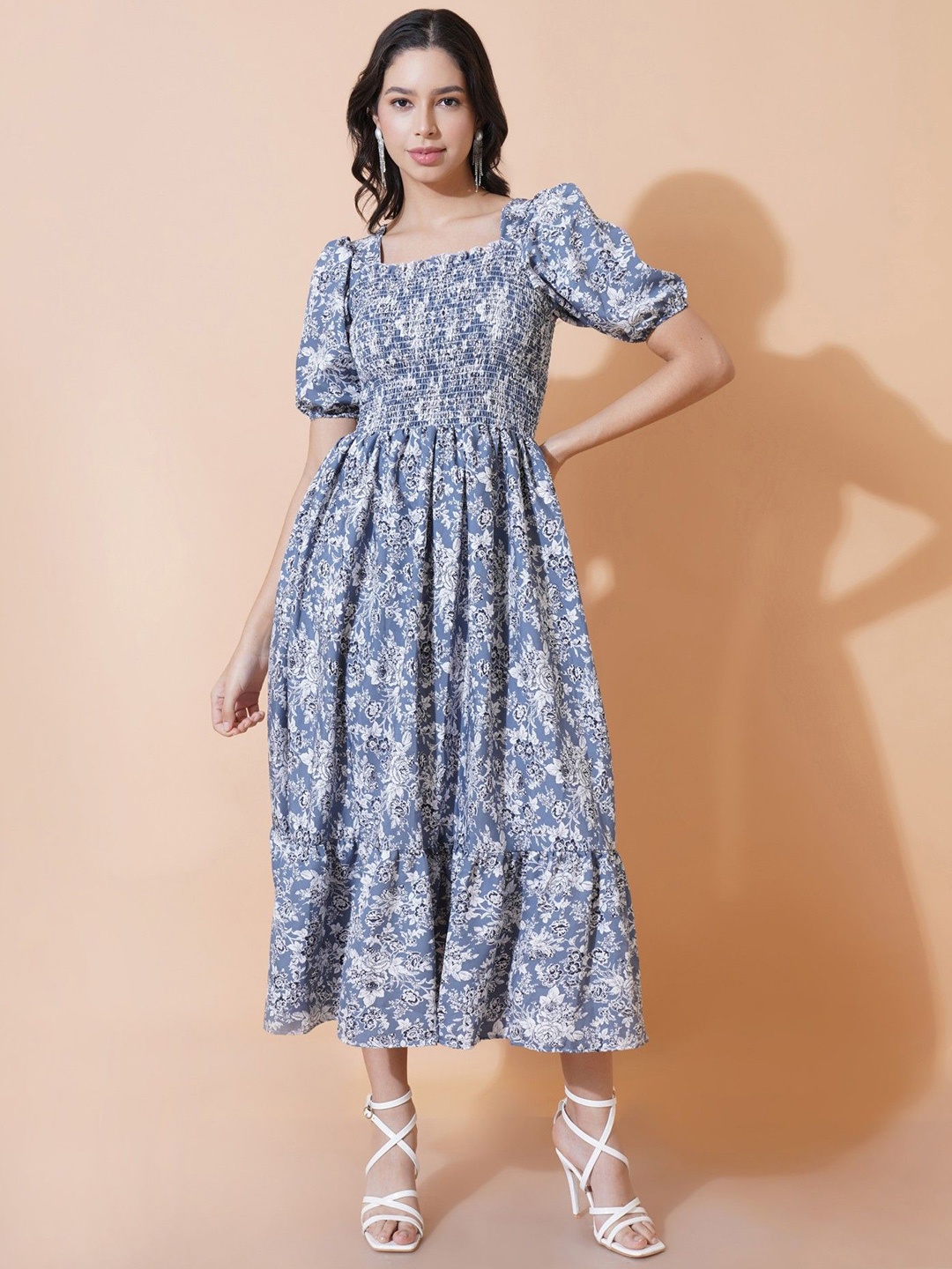 

Femvy Floral Printed Applique Fit & Flare Midi Dress, Blue