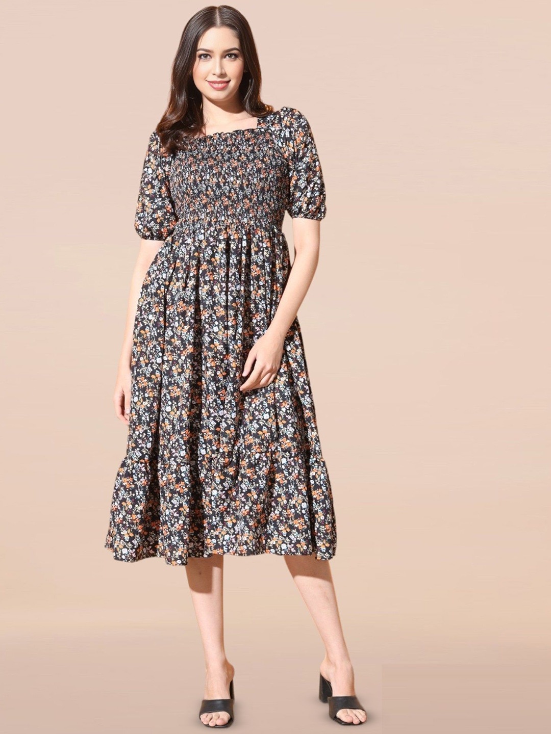 

Femvy Floral Printed Puff Sleeves Fit & Flare Dress, Black