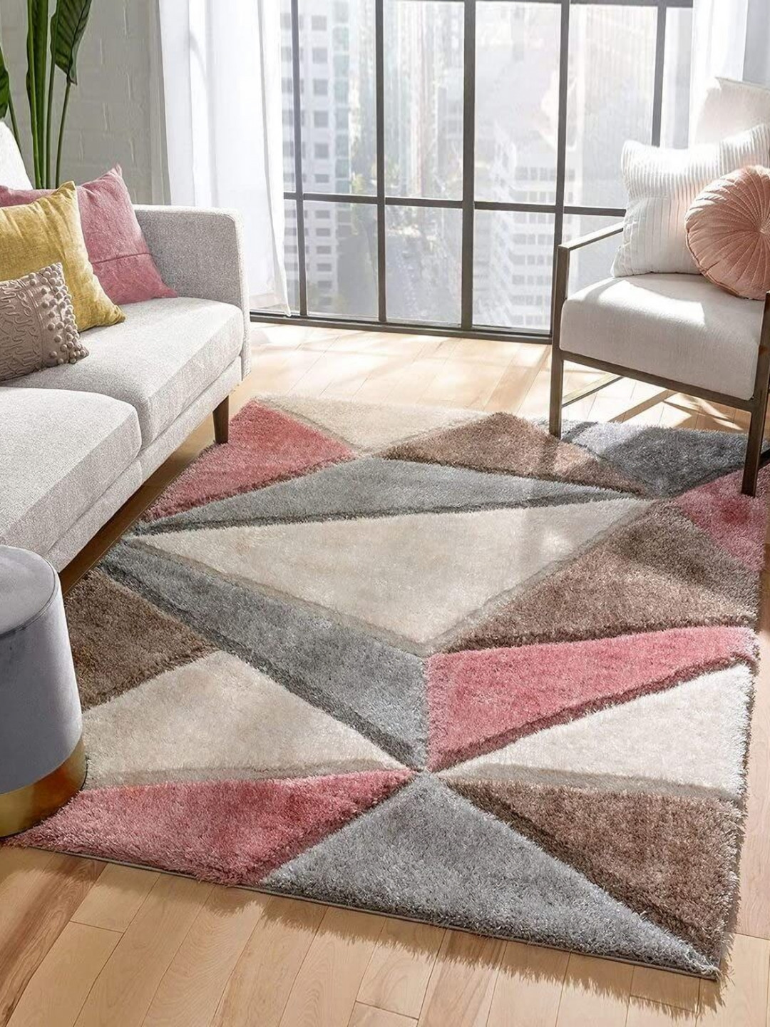 

IMRA CARPET Rose & Grey Geometric Shaggy Carpet