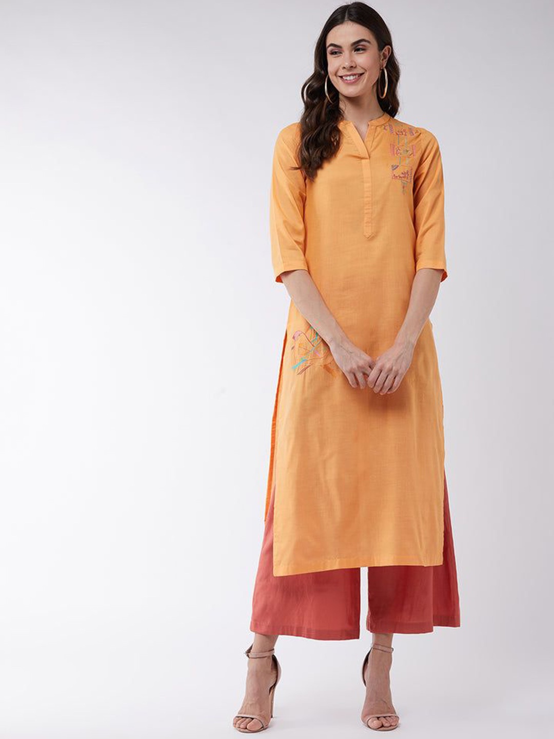 

Pannkh Quirky Embroidered Mandarin Collar Thread Work Pure Cotton Kurta with Palazzos, Orange