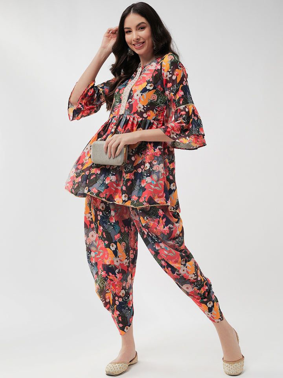 

Pannkh Floral Printed Sequinned Flared Sleeves A-Line Kurti With Dhoti Pants, Black