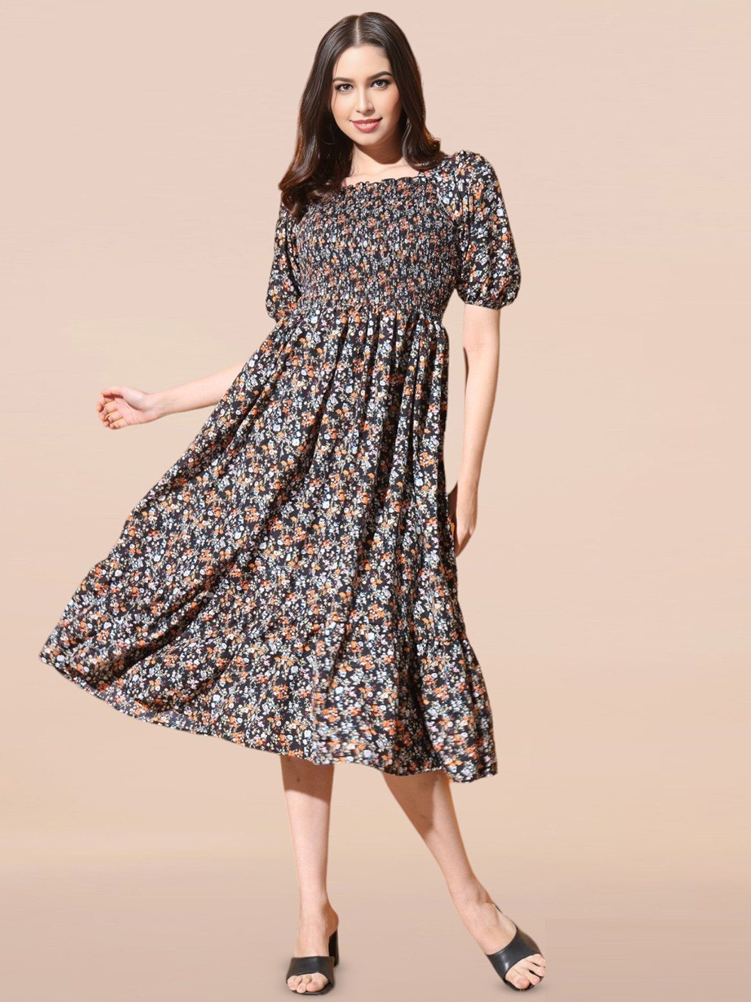 

Femvy Women Square Neck Puff Sleeves Floral Print Fit & Flare Midi Dress, Multi