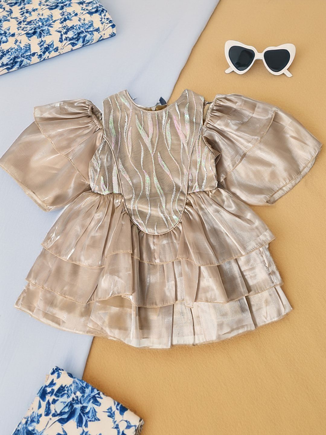 

Bella Moda Girls Self Design Fit and Flare Dress, Gold