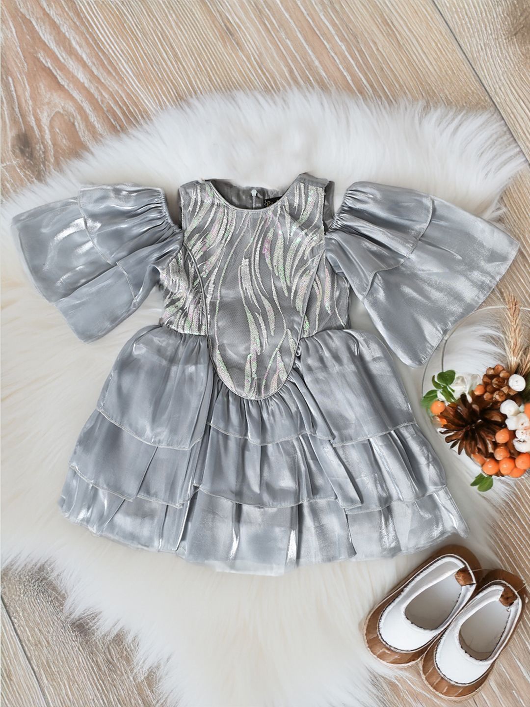 

Bella Moda Girls Satin Double Flayer Dress, Grey