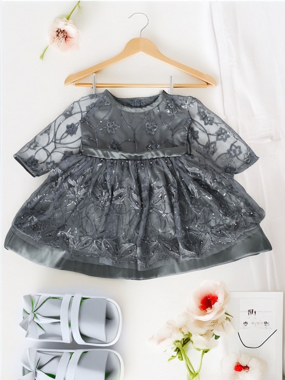

Bella Moda Floral Embroidered Sequence Satin Fit & Flare Dress, Grey