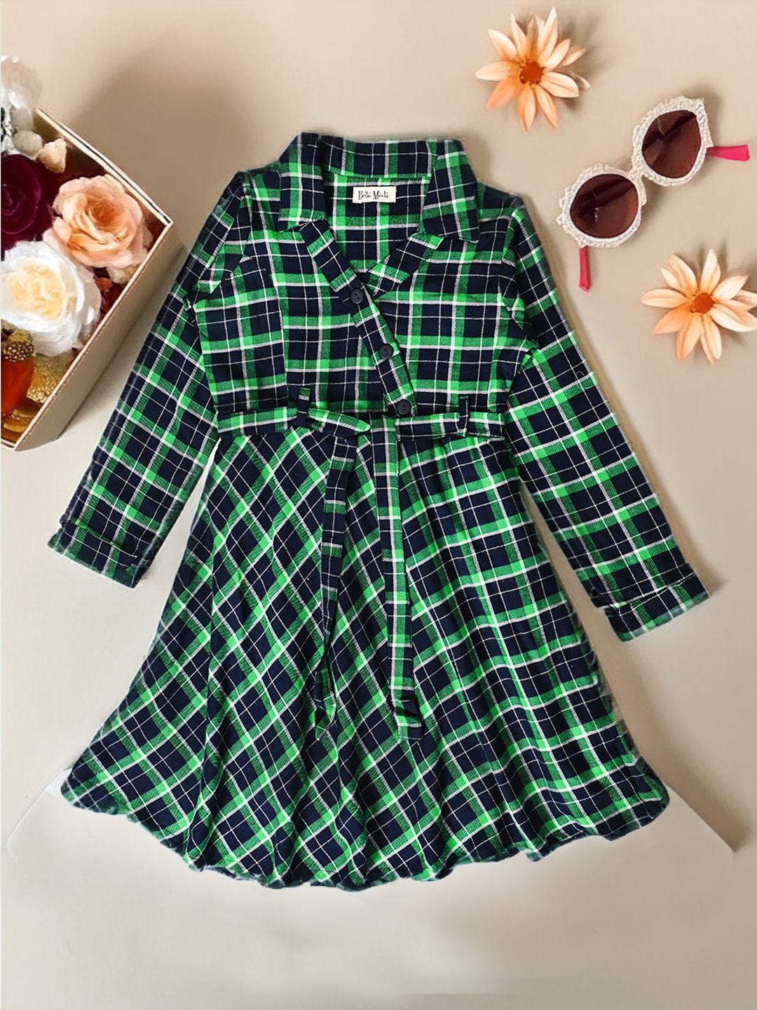 

Bella Moda Girls Shirt Collar Checked A-Line Dress, Green