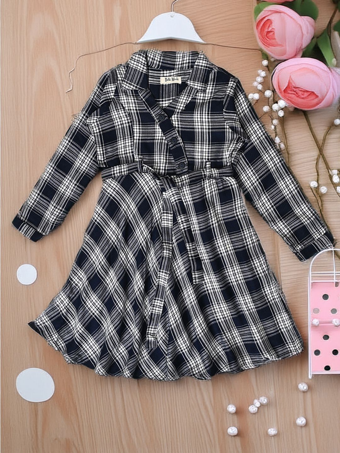 

Bella Moda Checked Shirt Collar Fit & Flare Dress, White