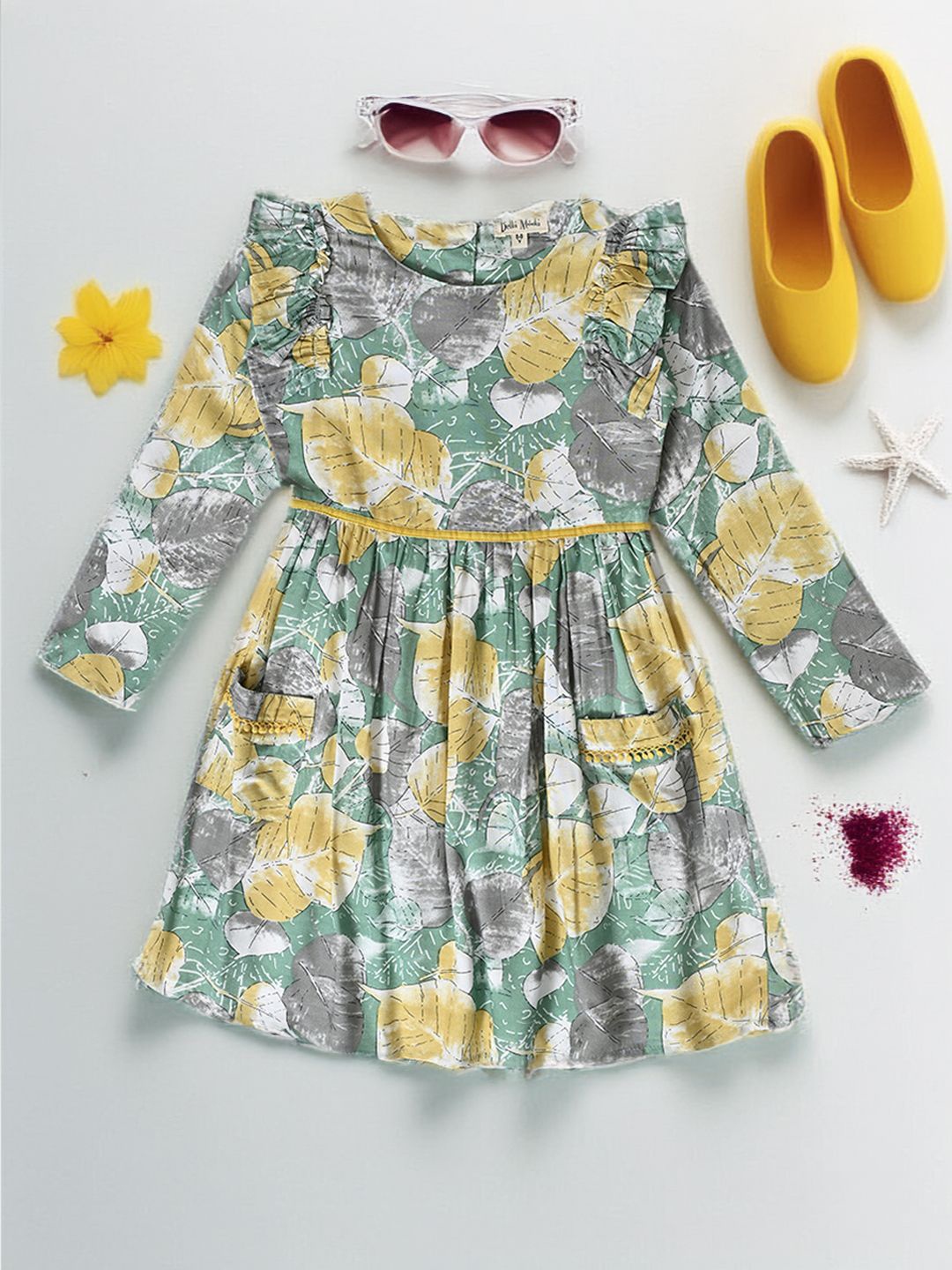 

Bella Moda Girls Tropical Printed Long Sleeves Cotton A-Line Dress, Green