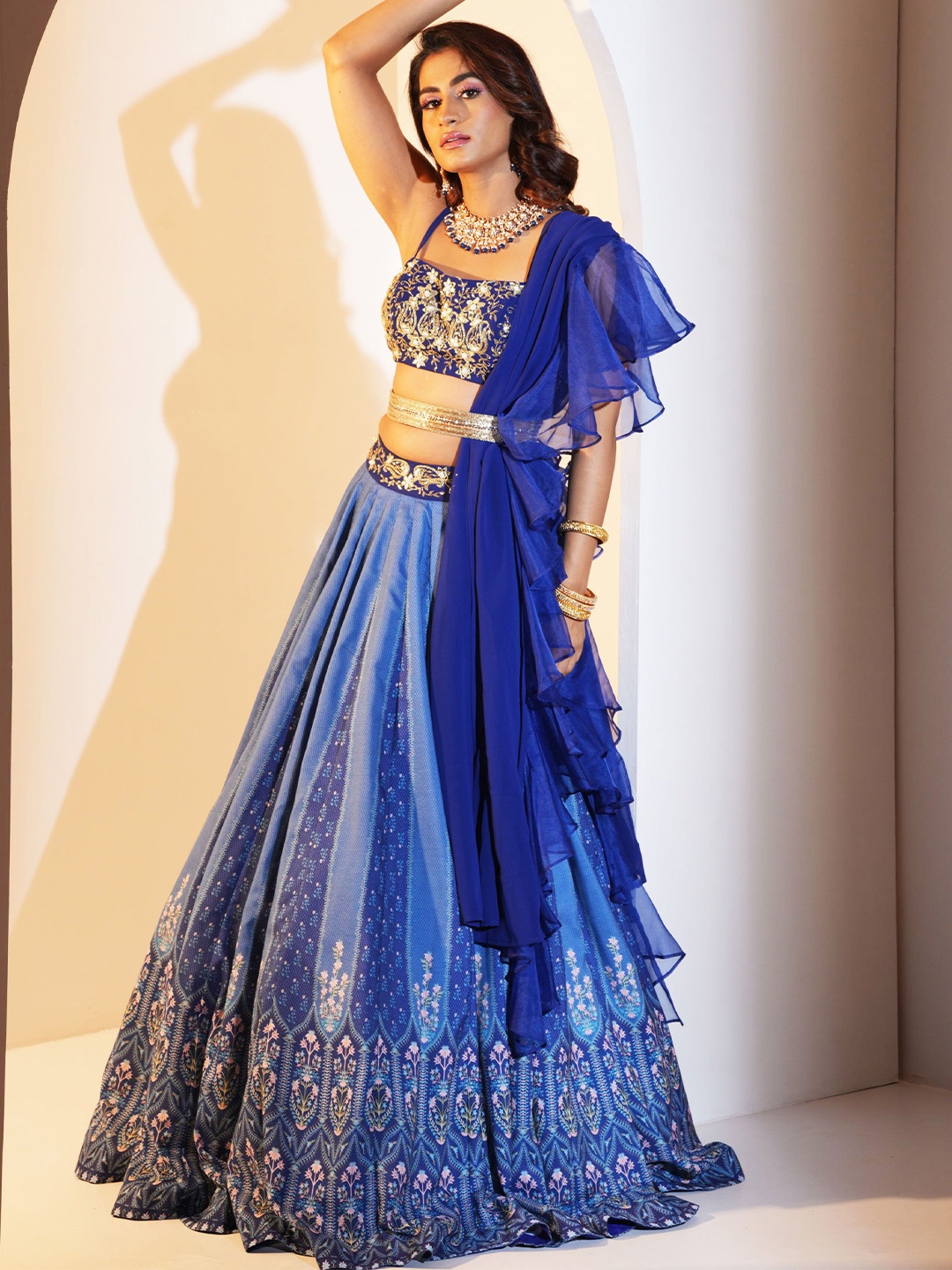 

Rashika Sharma Embroidered Mirror Work Made to Measure Silk Lehenga & Blouse With Dupatta, Blue