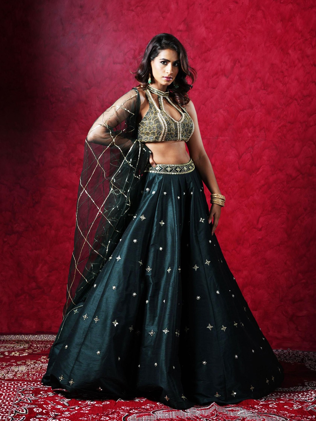 

Rashika Sharma Embroidered Mirror Work Made to Measure Lehenga & Blouse With Dupatta, Green