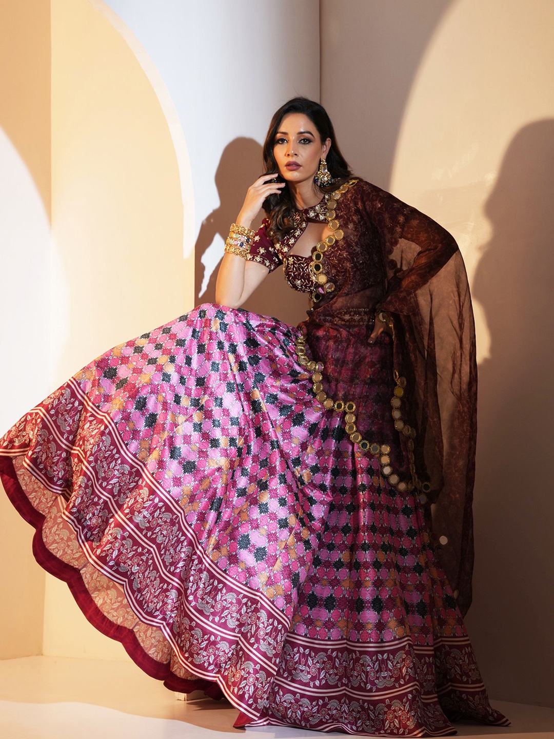

Rashika Sharma Embroidered Mirror Work Silk Made to Measure Lehenga & Blouse With Dupatta, Pink