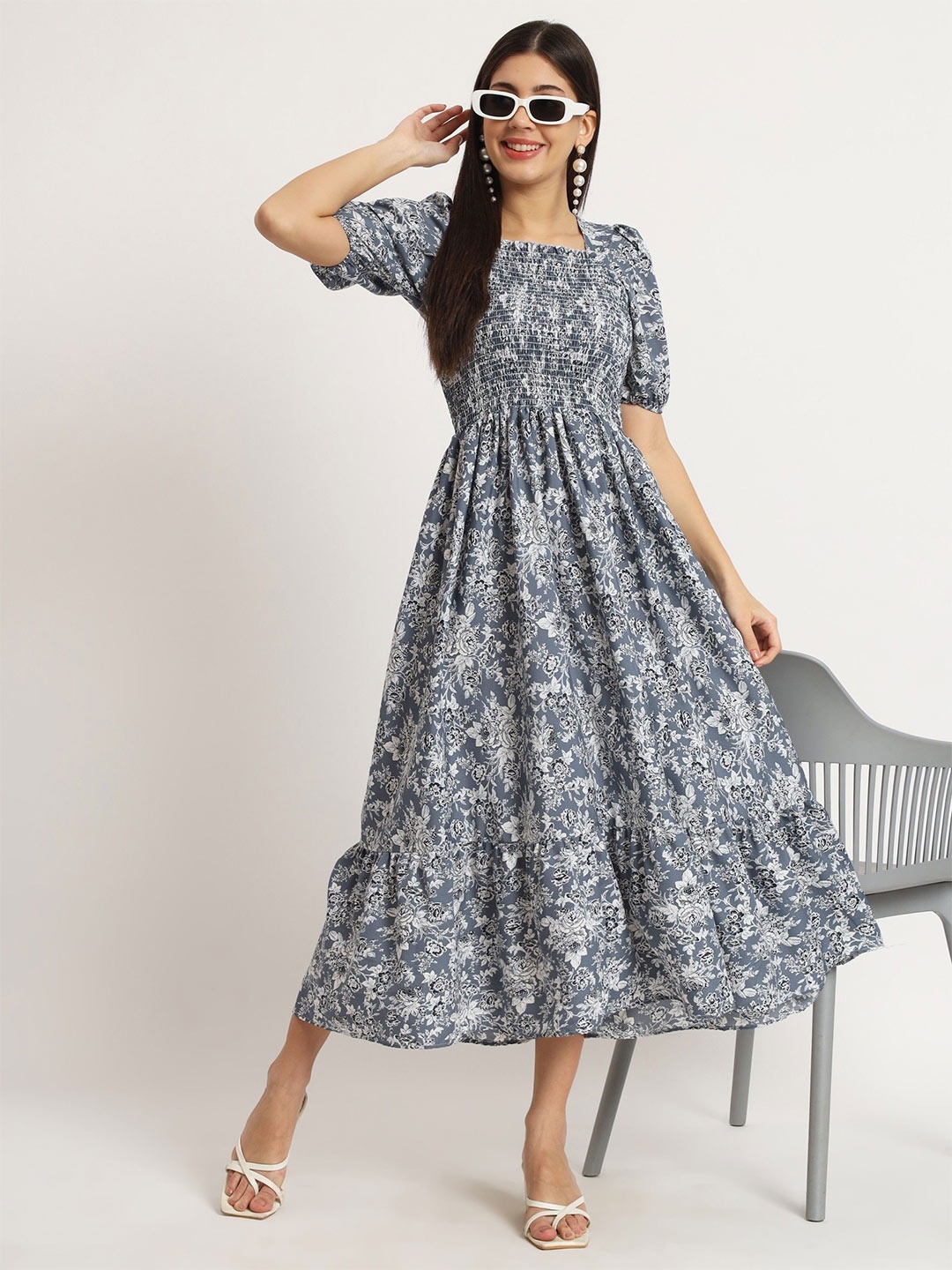 

Femvy Floral Printed Fit and Flare Midi Dress, Grey