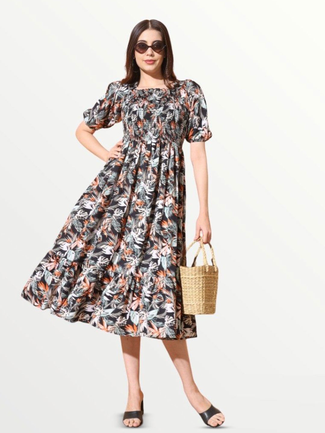 

Femvy Puff Sleeve Fit & Flare Smocked Floral Midi Dress, Black