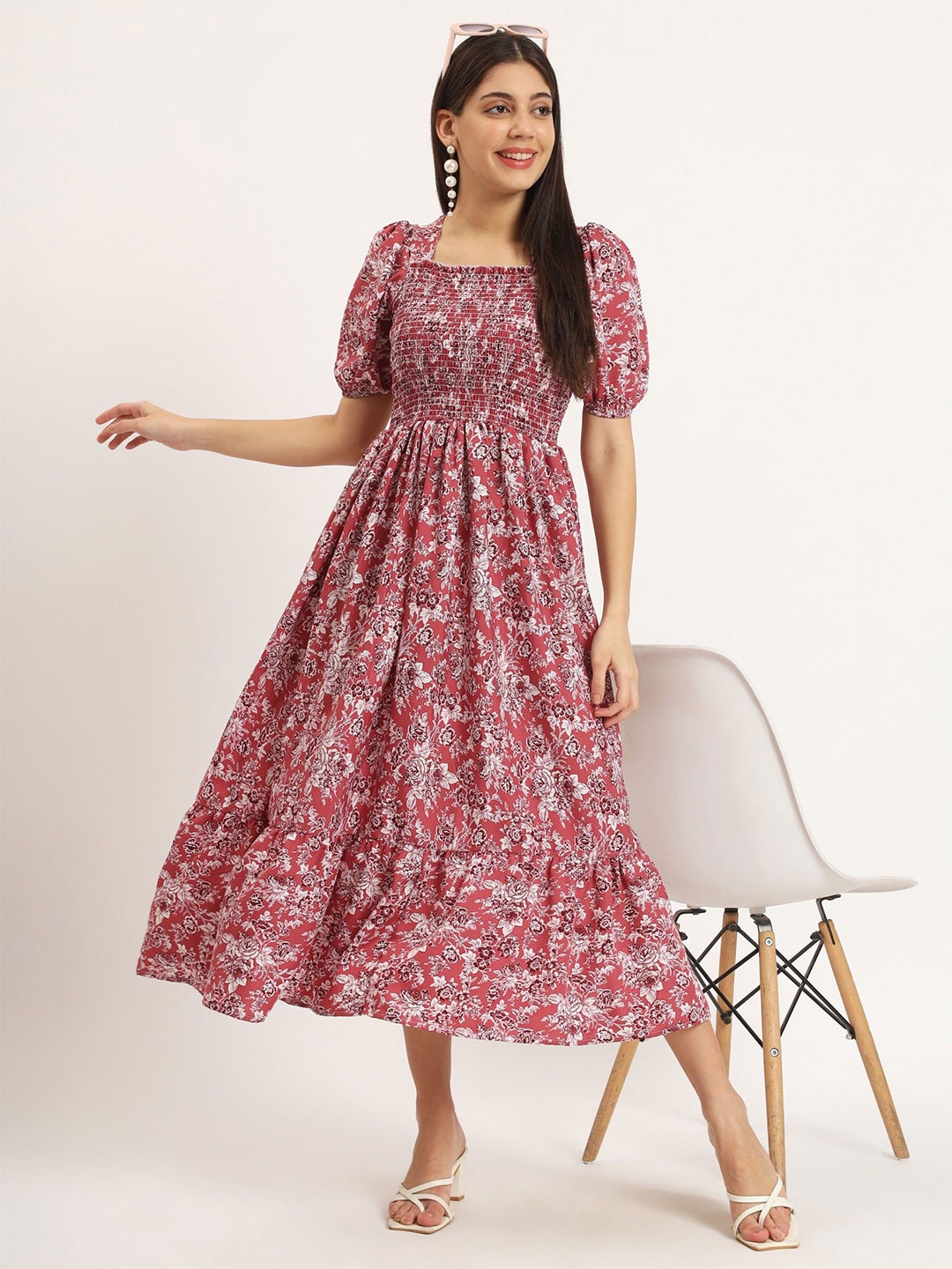 

Femvy Puff Sleeve Fit & Flare Smocked Floral Midi Dress, Pink