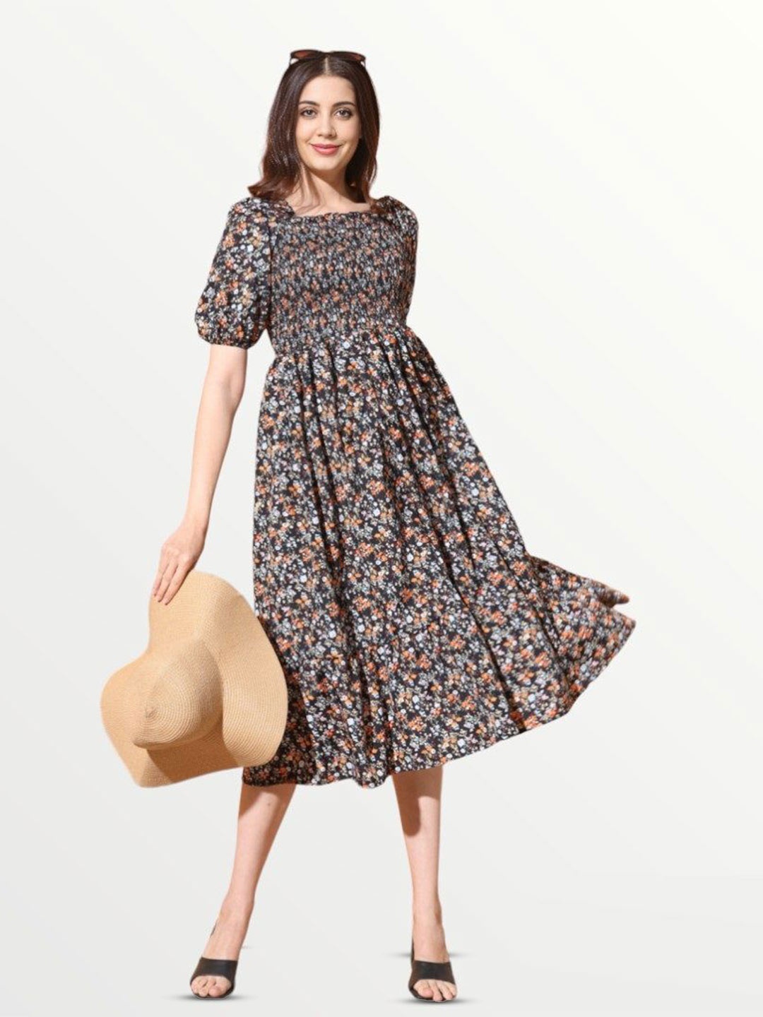 

Femvy Floral Printed Applique Fit & Flare Midi Dress, Multi