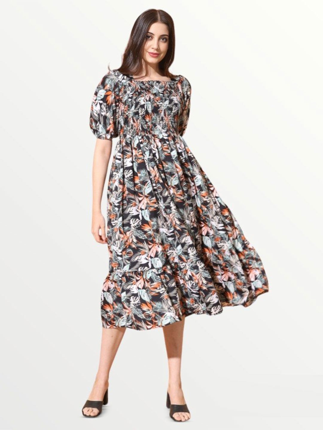 

Femvy Fit & Flare Puff Sleeves Tropical Midi Dress, Black