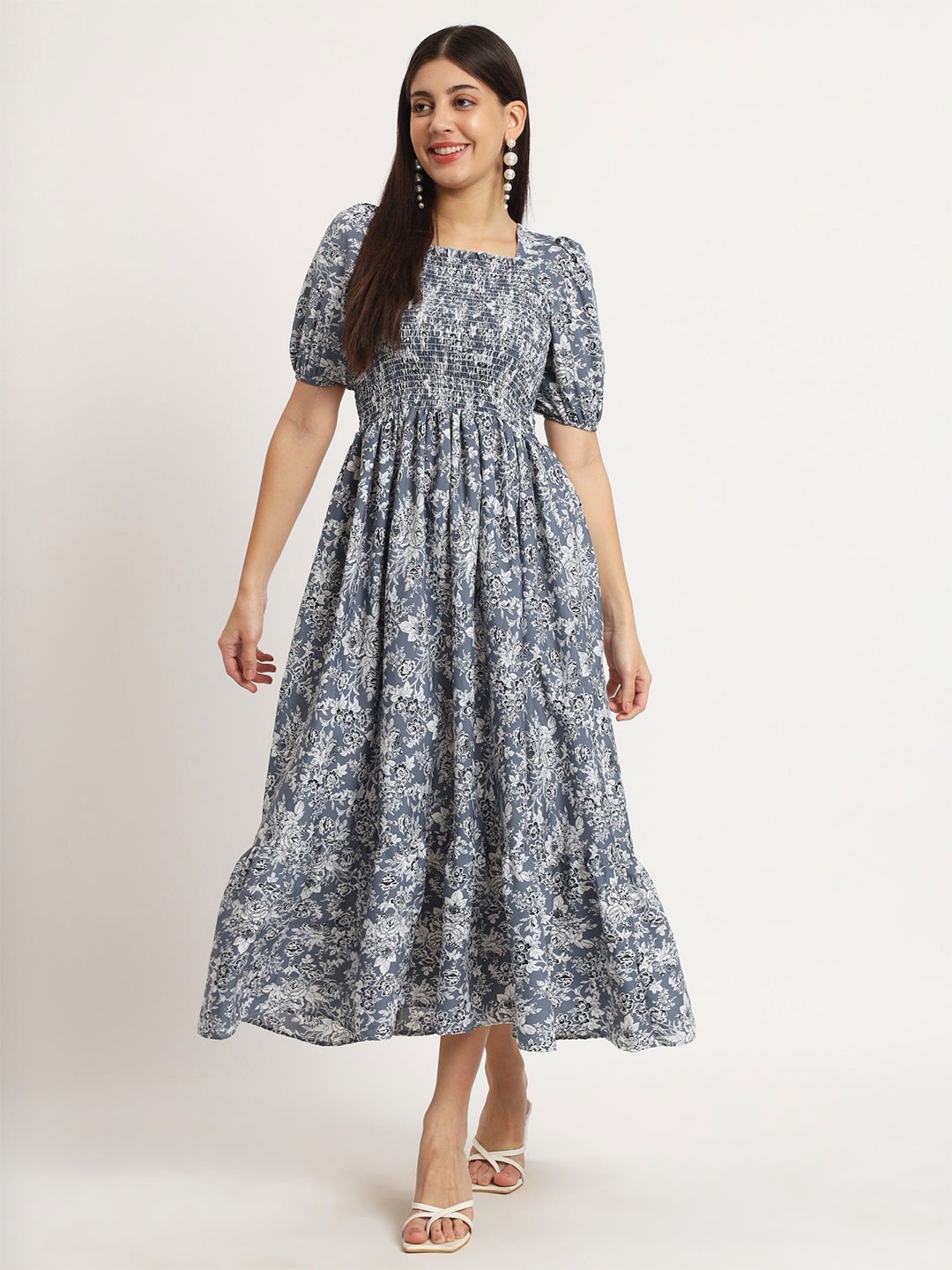 

Femvy Floral Print Puff Sleeve Fit & Flare Dress, Blue